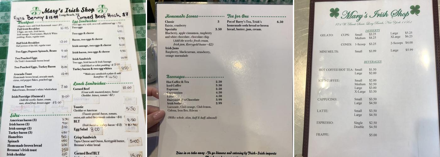 Mary’s Irish Shop Menu
