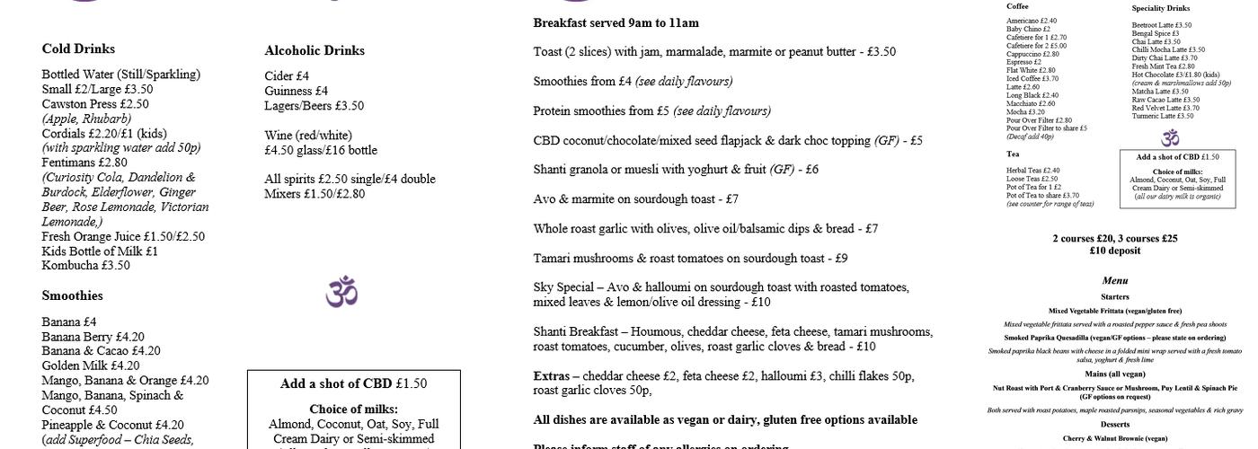 Shanti Vegetarian Cafe Menu