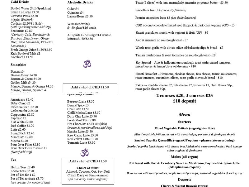 Shanti Vegetarian Cafe Menu