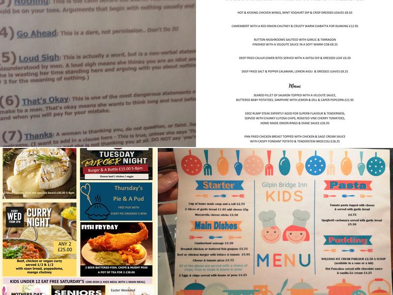 Gilpin Bridge Inn Menu