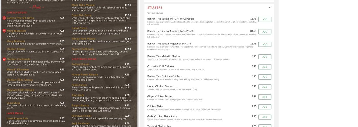 The Banyan Tree Menu