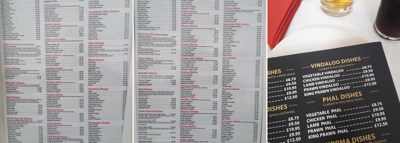 Sampan indian restaurant Menu