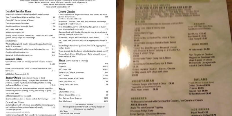 Crown Inn Menu