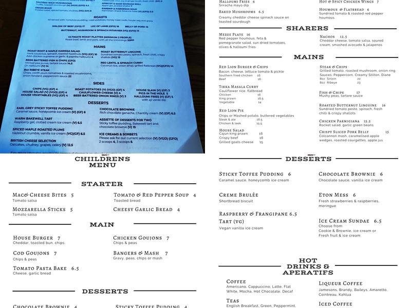 The Red Lion at Claverdon Menu