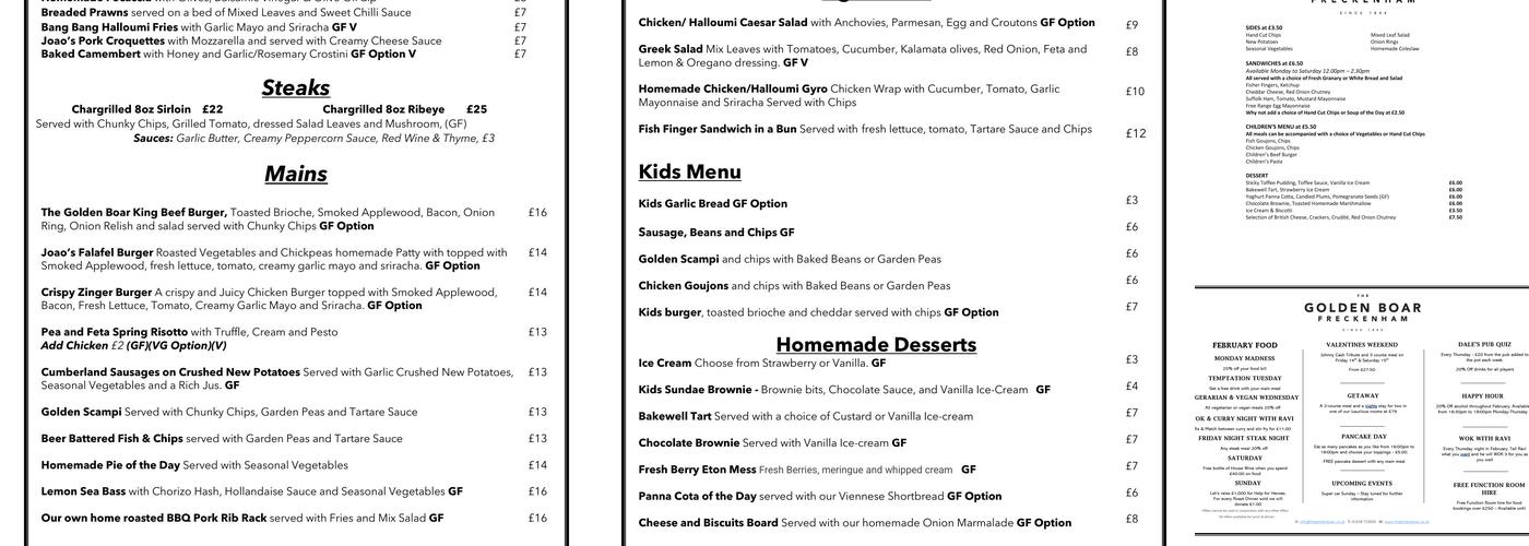 The Golden Boar Inn Menu