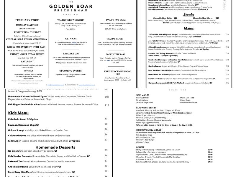 The Golden Boar Inn Menu