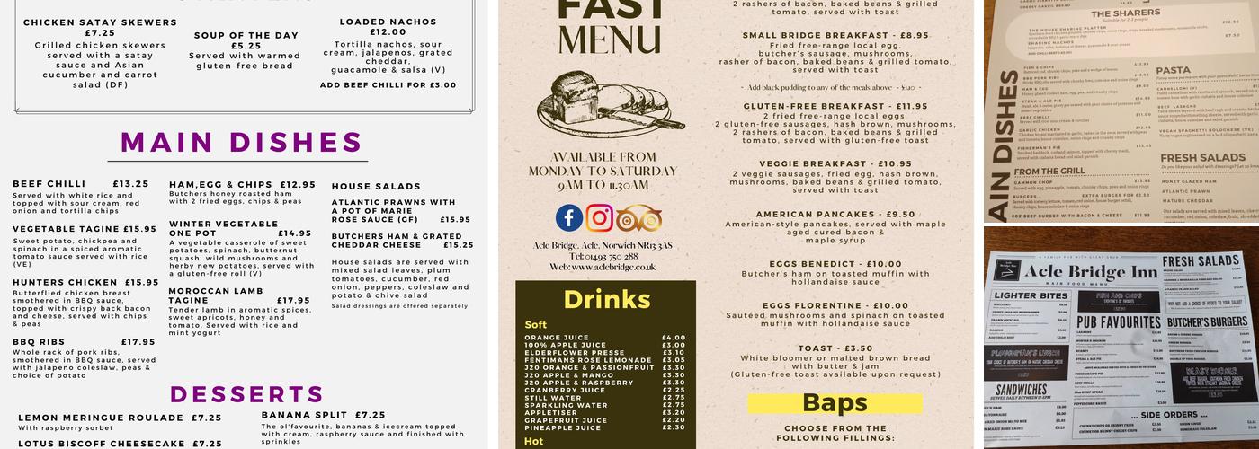 Acle Bridge Inn Menu
