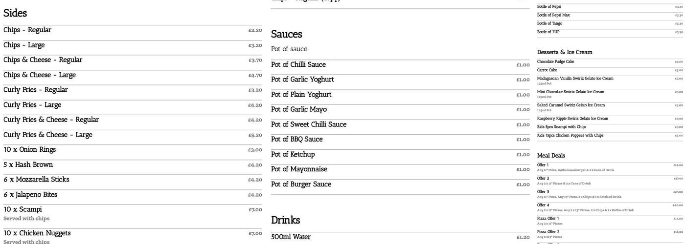 Frank's Kebab & Pizzas Menu