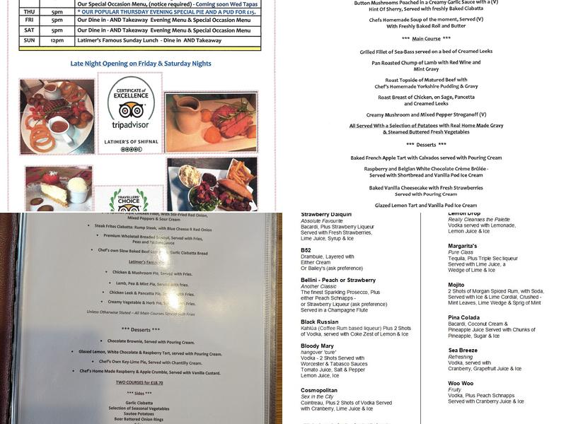 Latimer's of Shifnal Menu