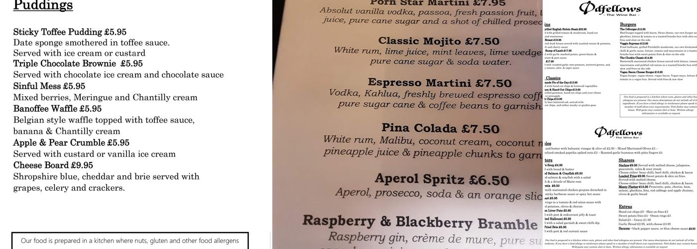 Odfellows Wine Bar Menu