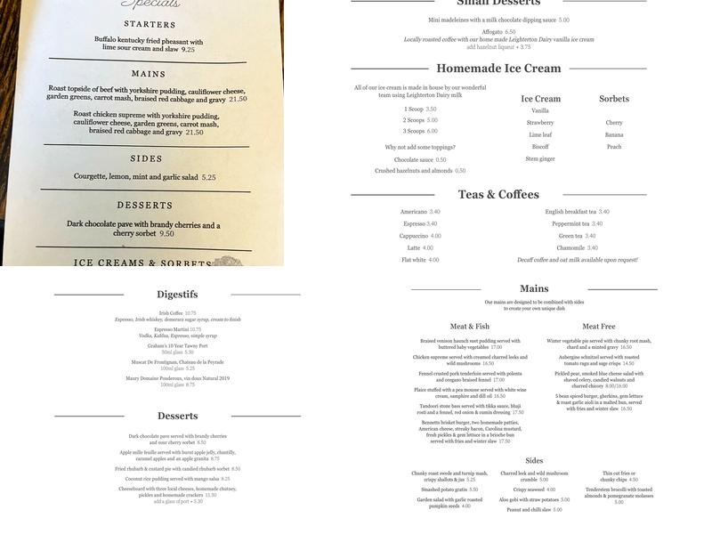 The Royal Oak, Leighterton Menu