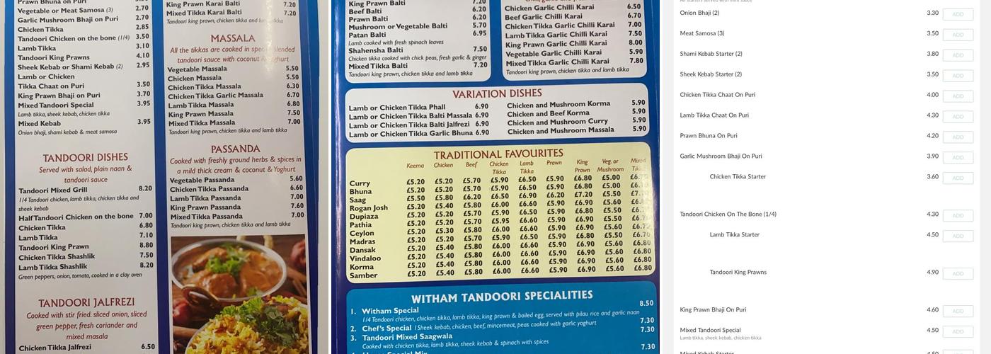 Witham Tandoori Indian Takeaway Menu