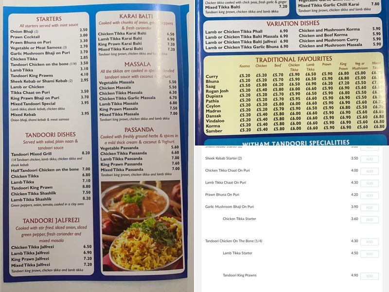 Witham Tandoori Indian Takeaway Menu
