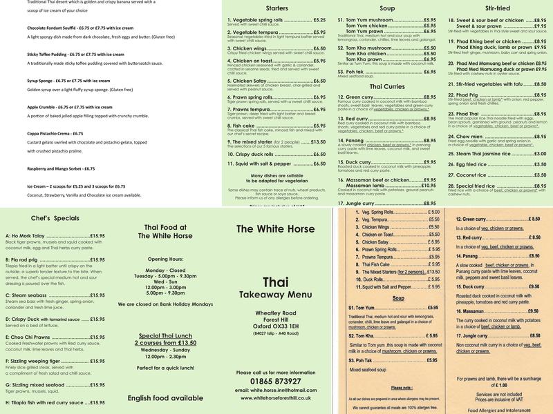 The White Horse Menu