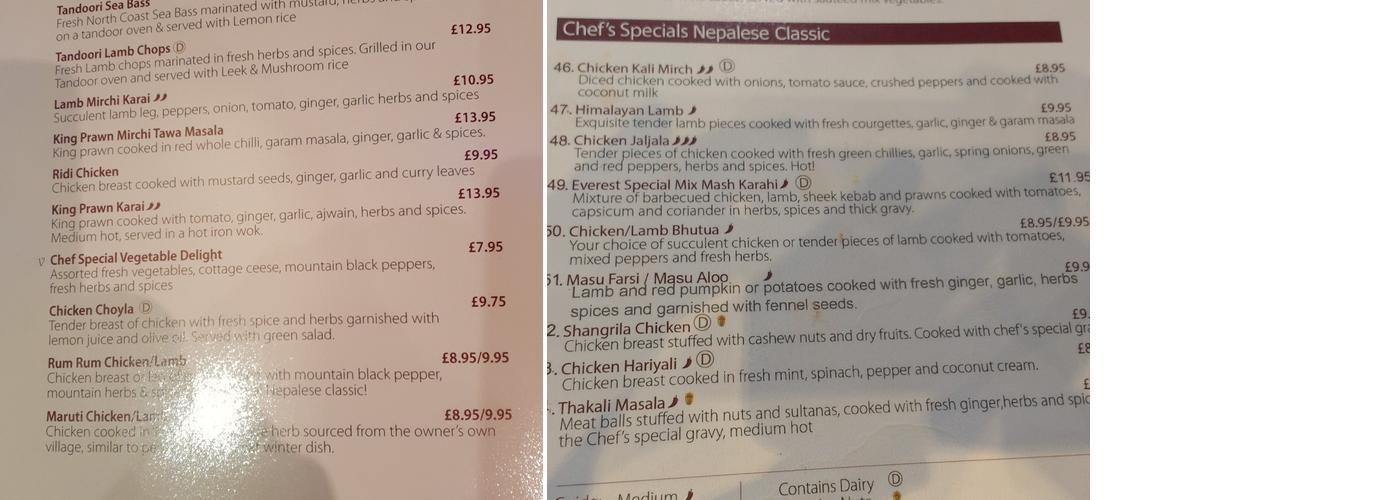 Everest Nepalese Menu