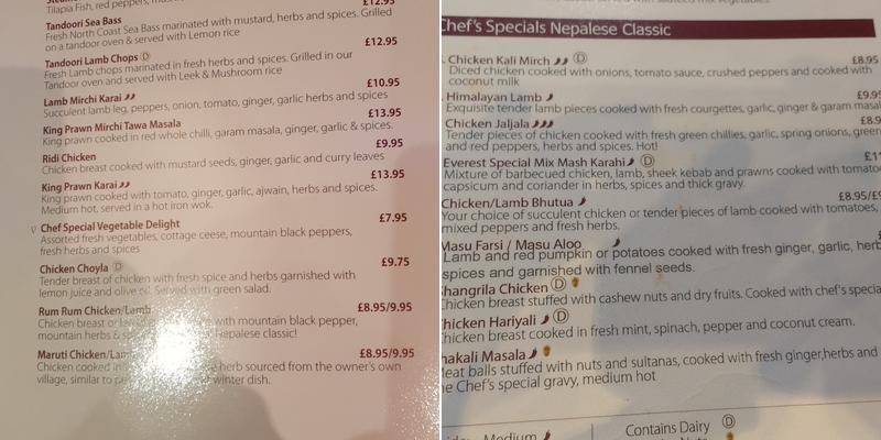 Everest Nepalese Menu
