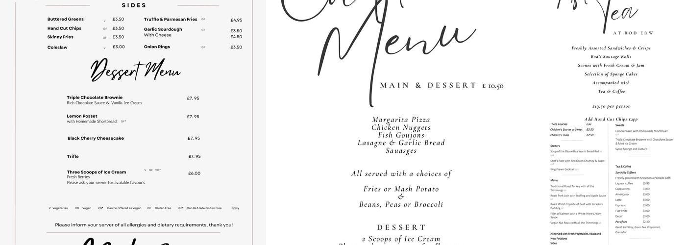 Bod Erw Restaurant Menu