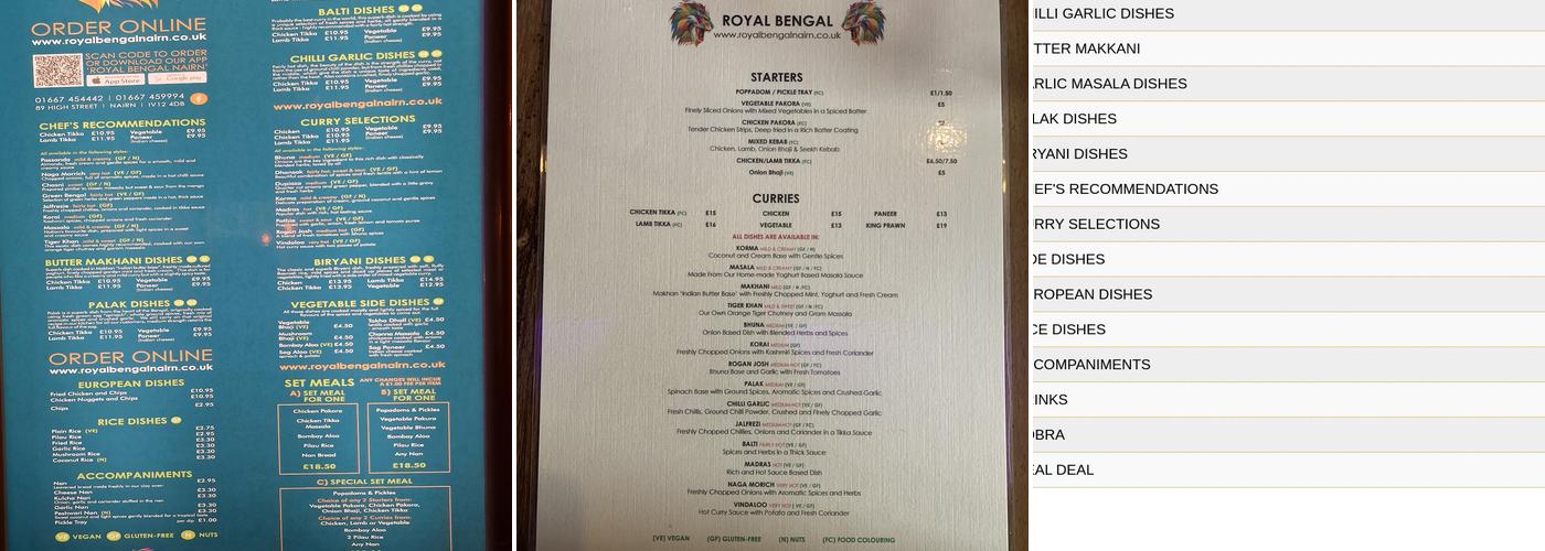 The Royal Bengal Menu