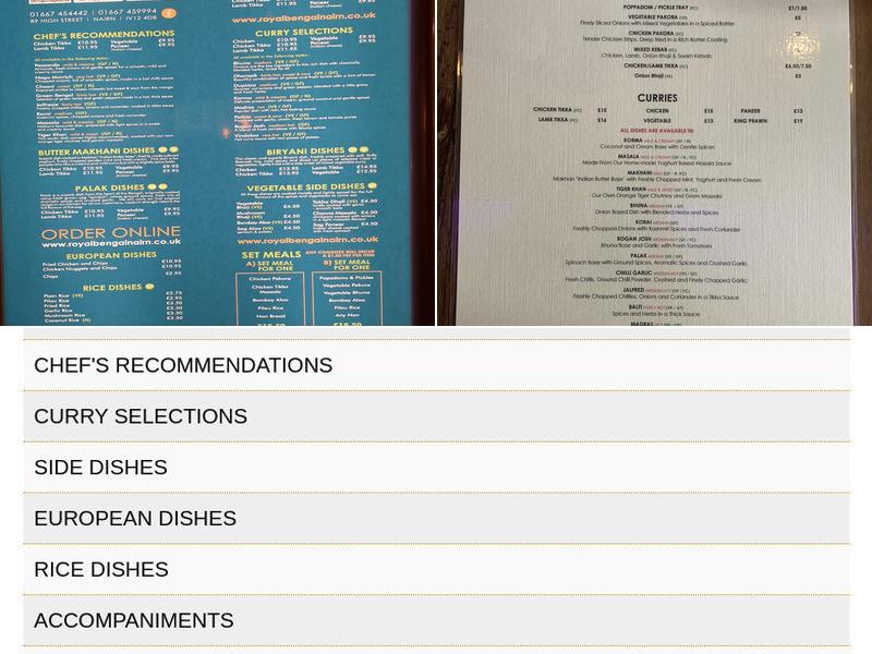 The Royal Bengal Menu