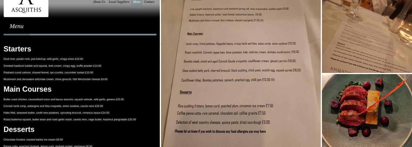 Asquiths Restaurant Menu
