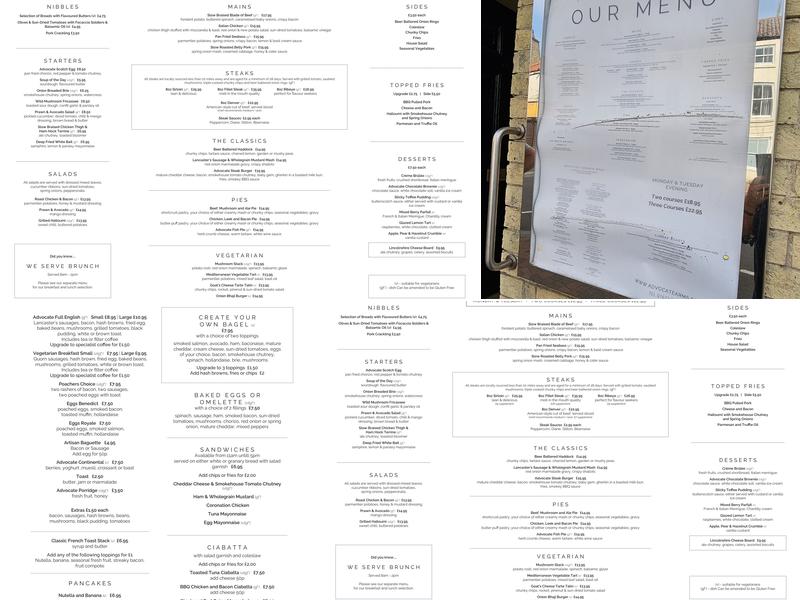 Advocate Arms Hotel Menu