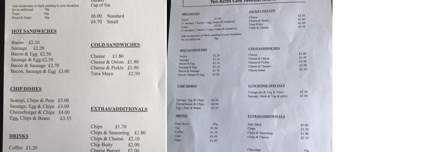 Ten Acres Cafe Menu