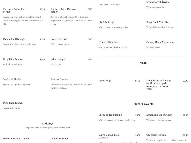 The Bluebell Inn Menu