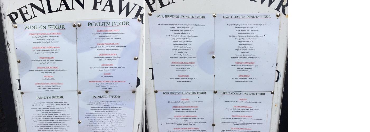 Penlan Fawr Inn Menu