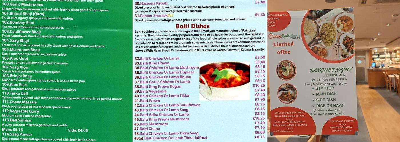 Ealing Balti House Menu