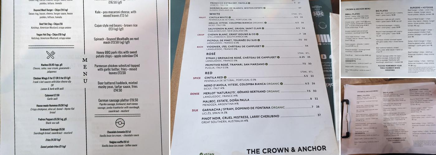 Crown & Anchor Menu