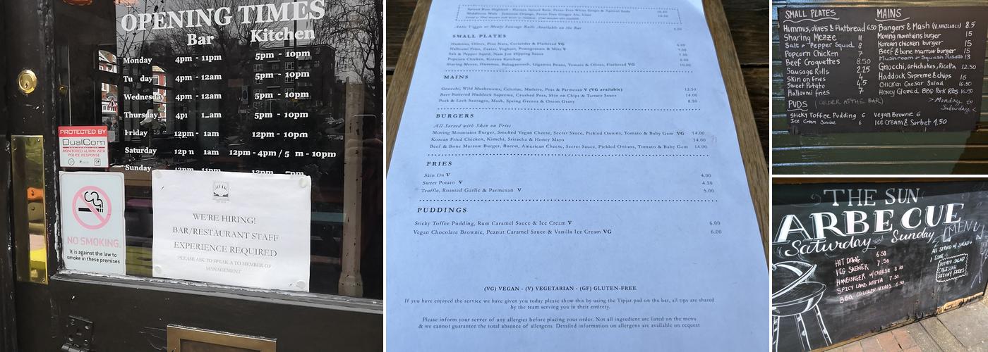 The Sun of Camberwell Menu