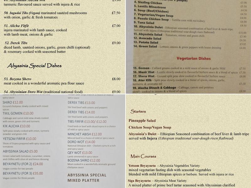 Abyssinia Restaurant & Bar Menu
