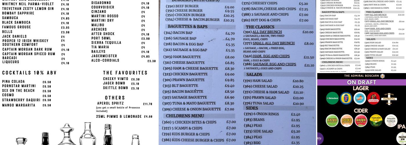 The Admiral Boscarn Menu