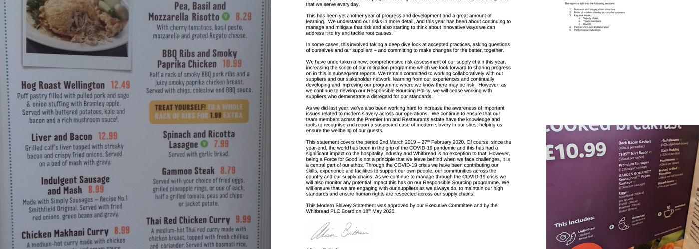 Premier Inn Dumfries hotel Menu