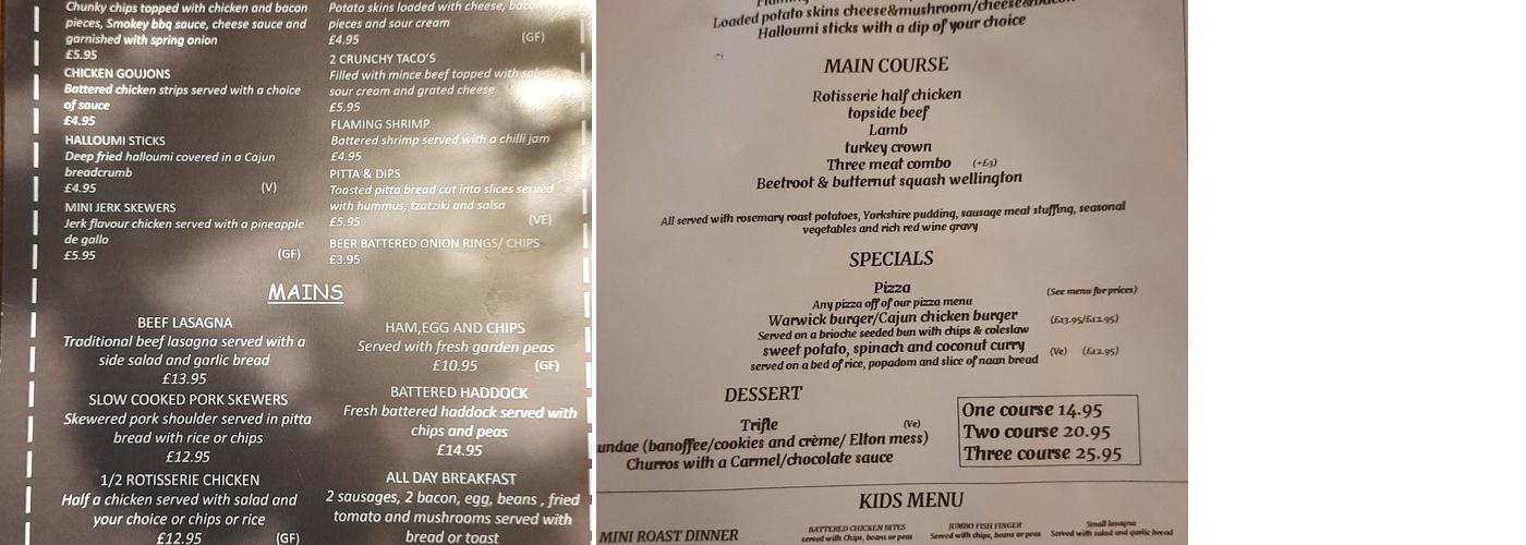 The Warwick Arms Menu