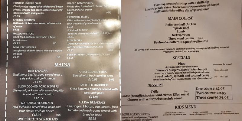 The Warwick Arms Menu