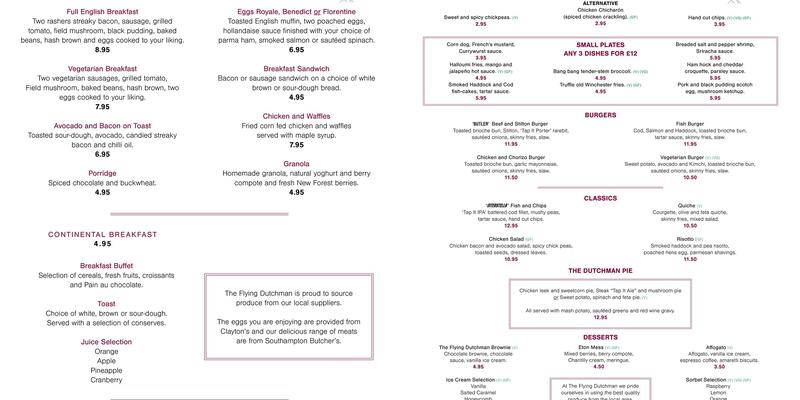 Flying Dutchman Southampton Menu