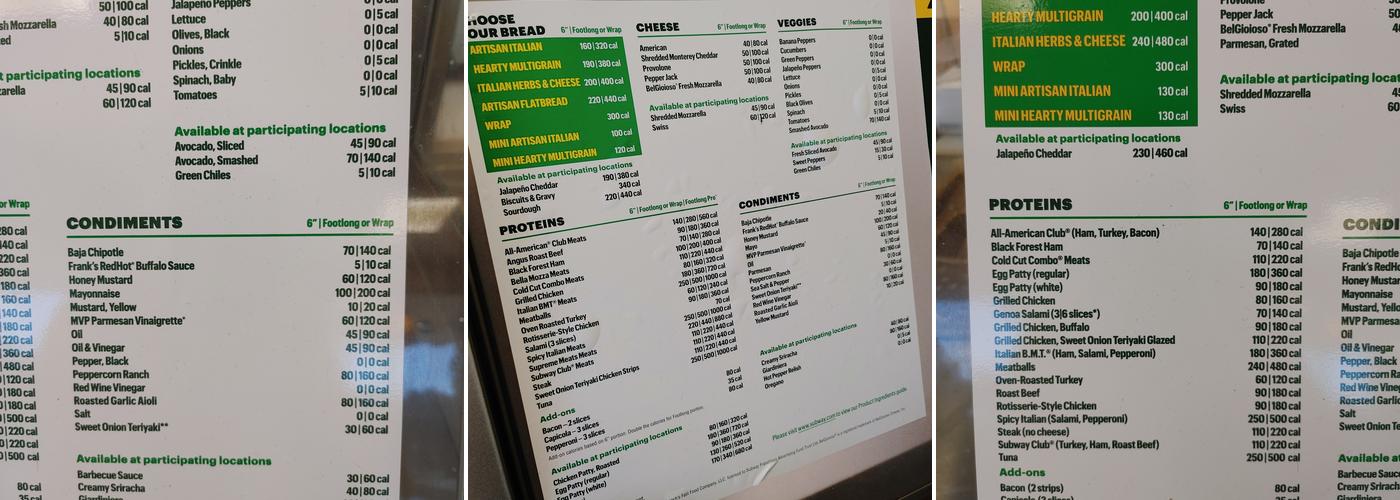 Subway Menu