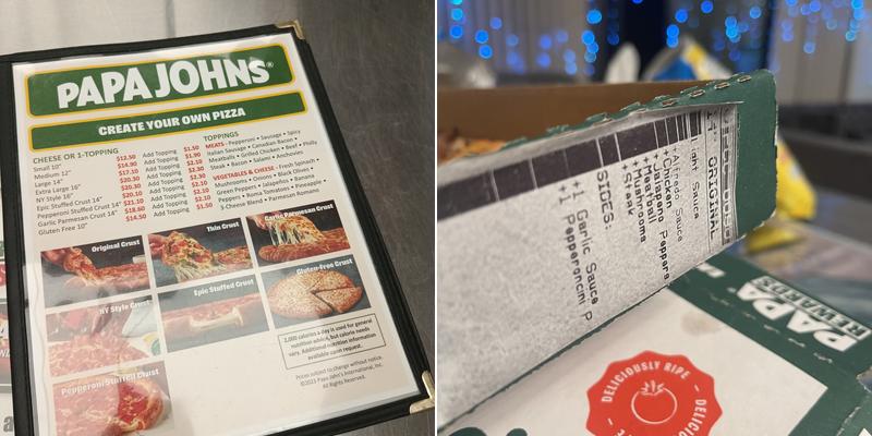 Papa Johns Pizza Menu