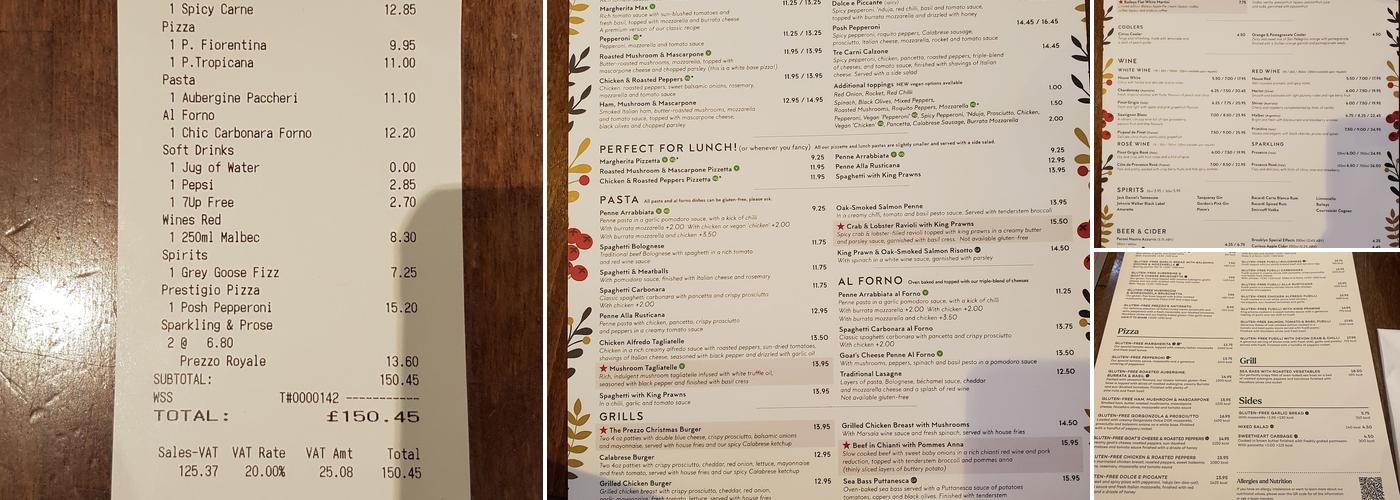 Prezzo Italian Restaurant Cambridge Menu