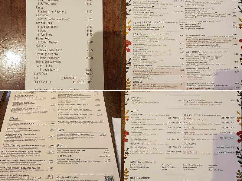 Prezzo Italian Restaurant Cambridge Menu