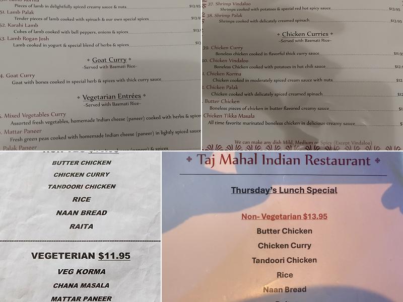 Taj Mahal Indian Restaurant Menu