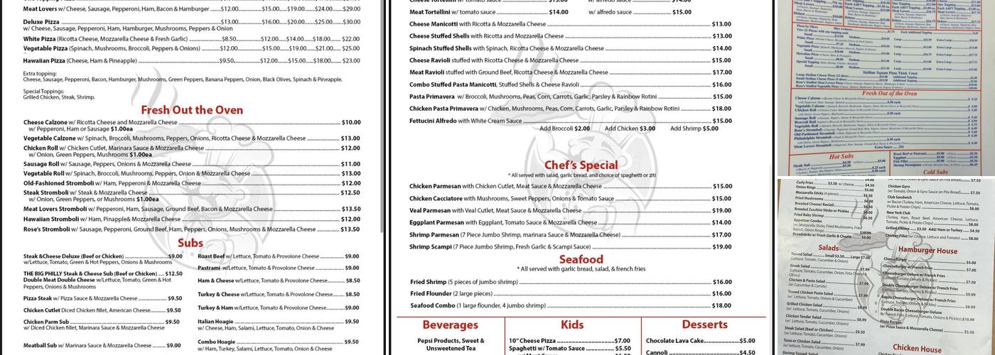 Roses Pizza Menu