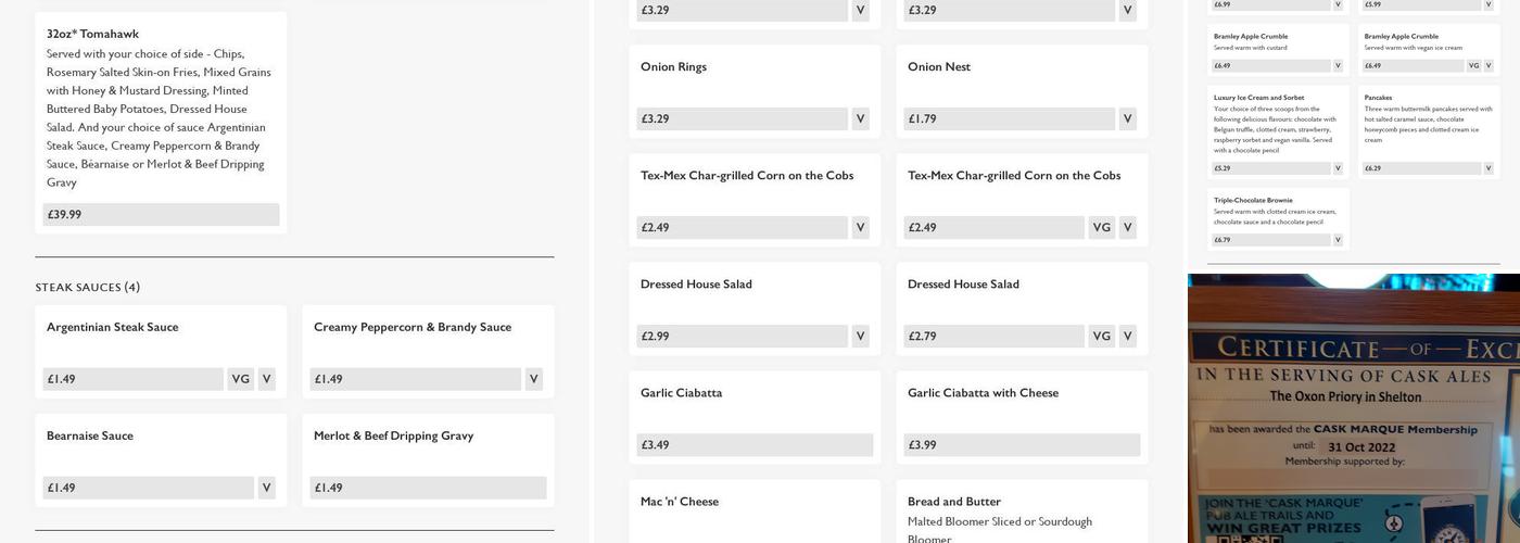 Oxon Priory - Pub & Grill Menu