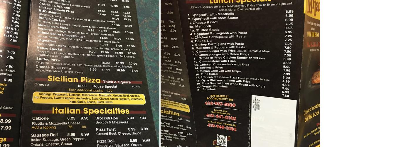 Cafe Milano Inc. Menu