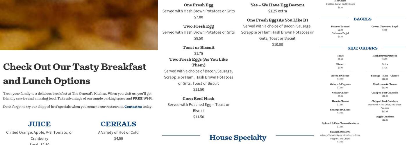 Generals Kitchen Menu