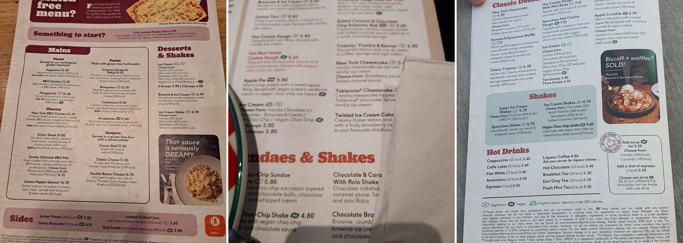 Frankie & Benny's Menu