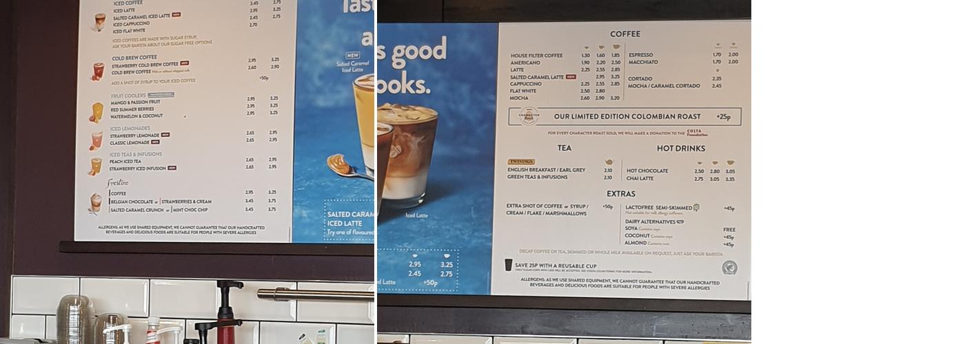 Costa Coffee Menu