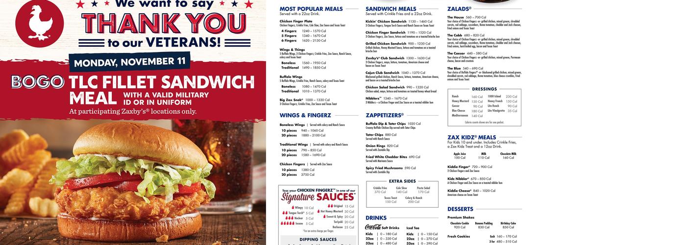 Zaxbys Chicken Fingers & Buffalo Wings Menu