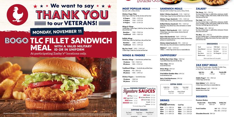 Zaxbys Chicken Fingers & Buffalo Wings Menu